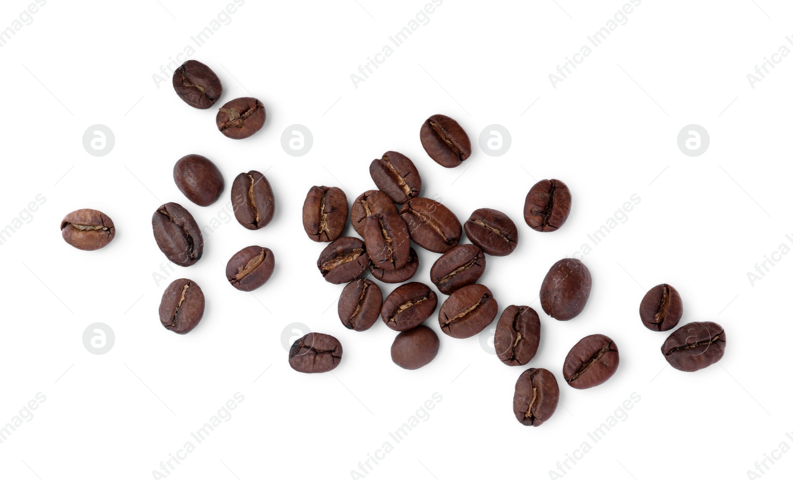 Photo of Roasted coffee beans on white background, top view