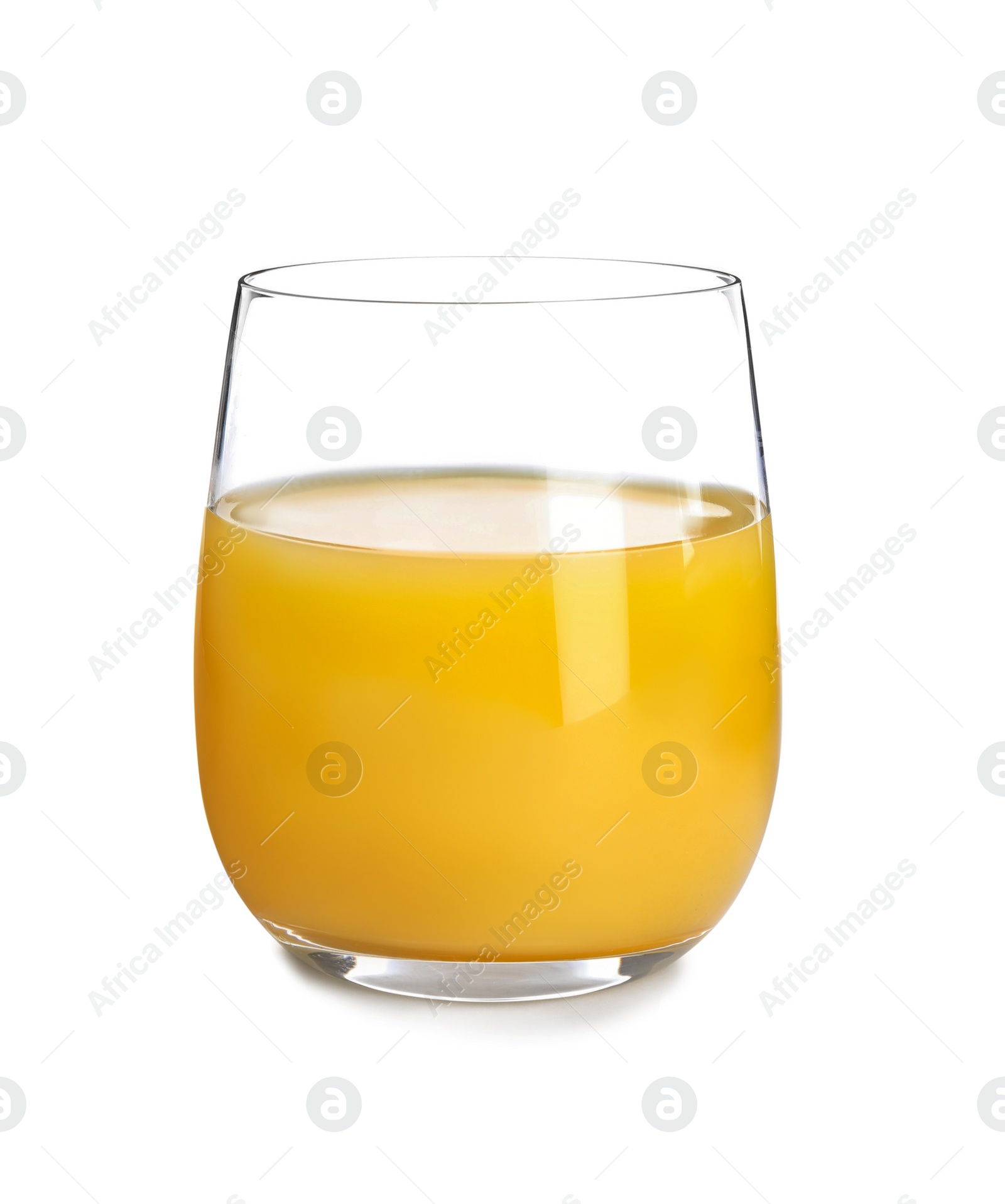 Photo of Glass of orange juice on white background