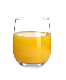 Photo of Glass of orange juice on white background