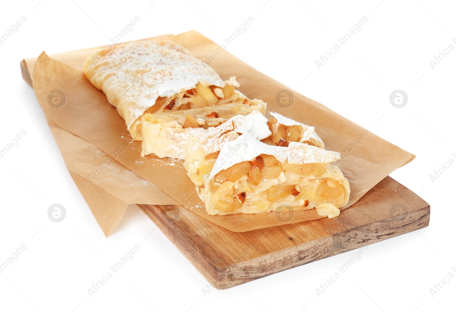 Photo of Delicious apple strudel with almonds and powdered sugar on white background