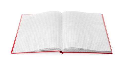 Photo of Stylish open notebook with blank sheets isolated on white