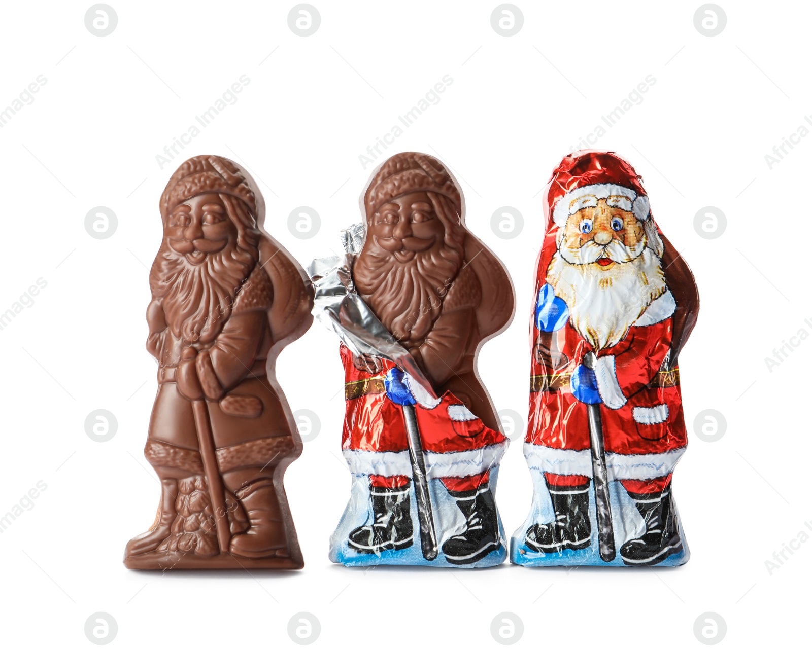 Photo of Sweet chocolate Santa Claus candies on white background