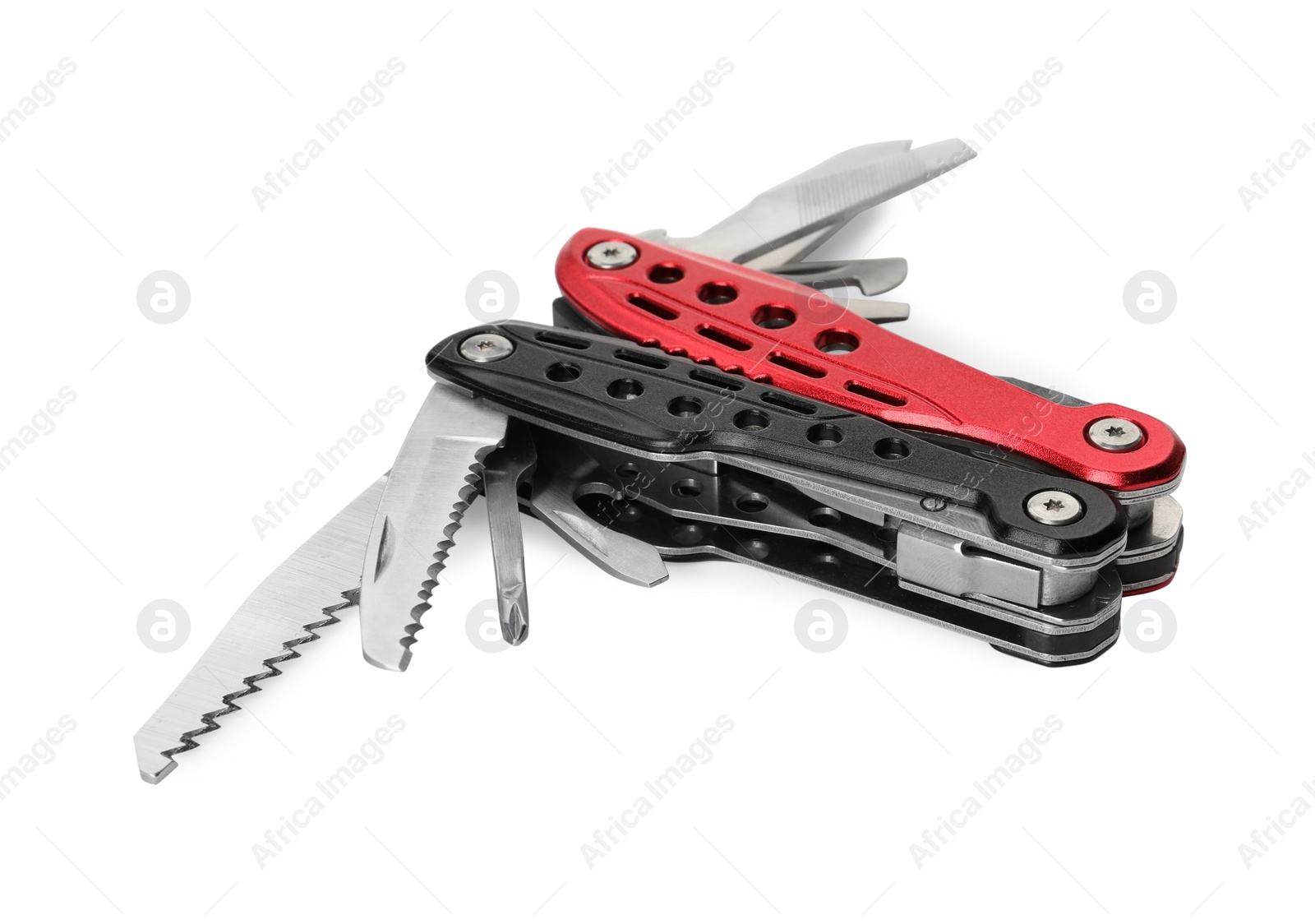 Photo of Compact portable colorful multitool isolated on white