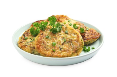 Photo of Delicious zucchini fritters with curly parsley on white background