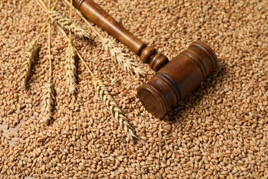 Photo of Wooden gavel and wheat ears on grains. Agricultural deal