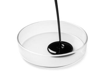 Photo of Pouring black crude oil into Petri dish on white background