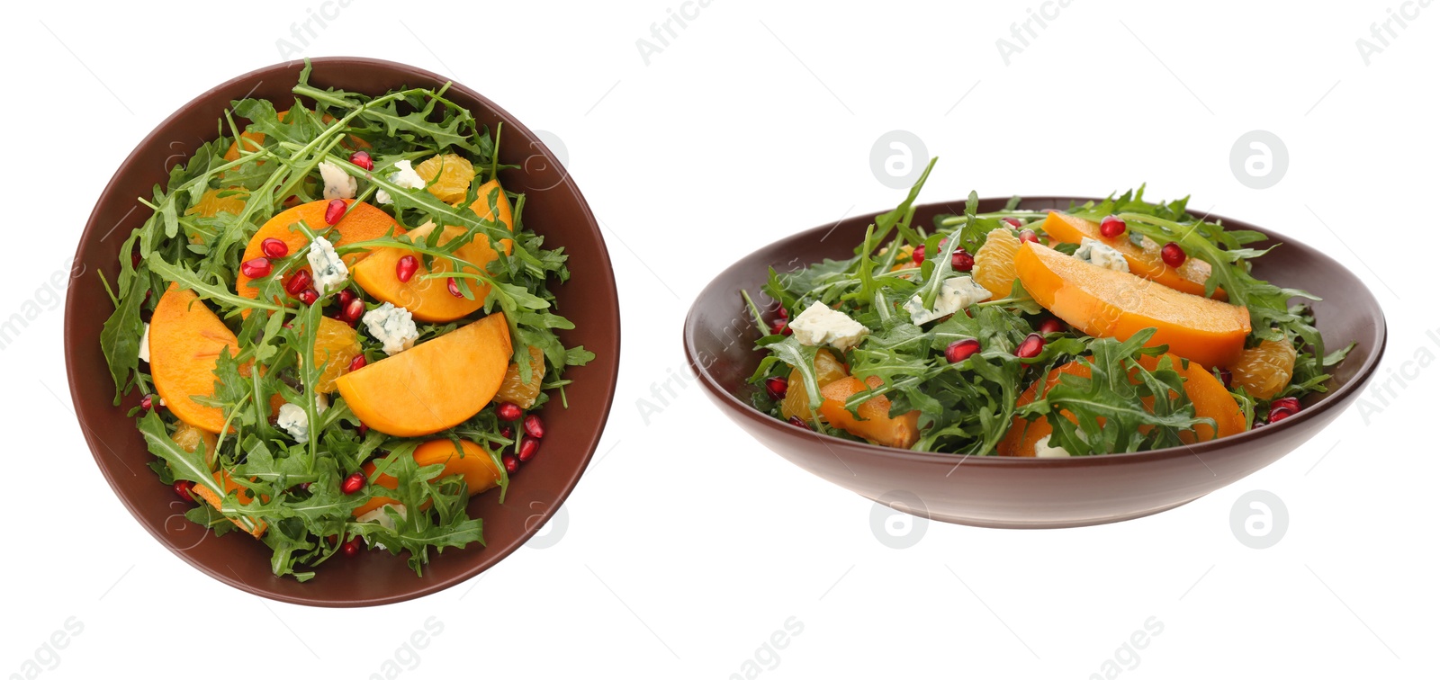 Image of Tasty persimmon salads on white background, collage. Banner design