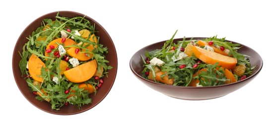 Image of Tasty persimmon salads on white background, collage. Banner design