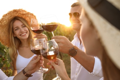 Photo of Friends clinking glasses of red wine at vineyard on sunny day, closeup