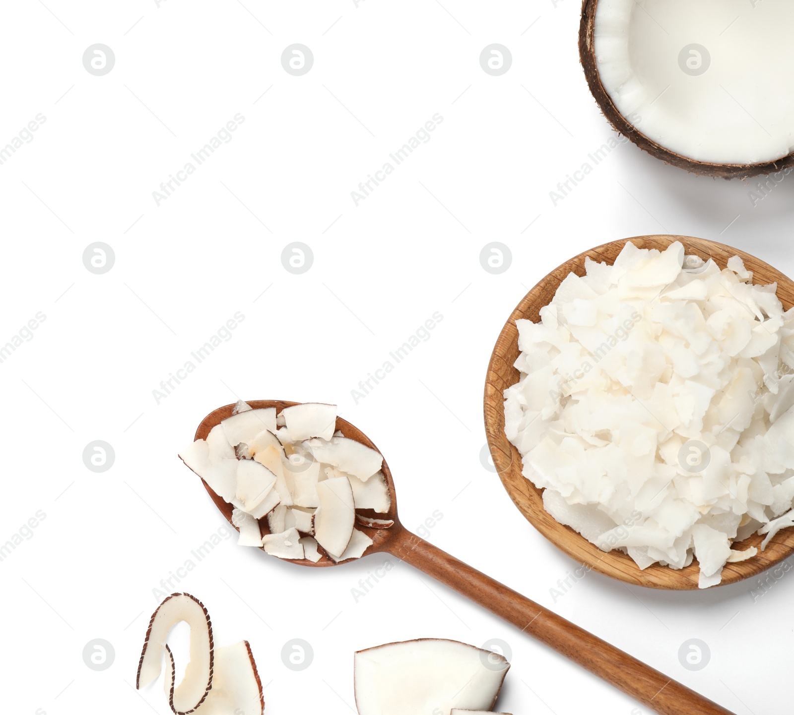 Photo of Composition with tasty coconut chips on white background, top view