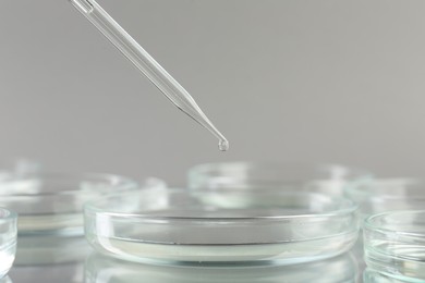 Dripping liquid from pipette into petri dish on mirror surface against grey background, closeup