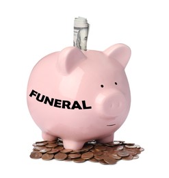 Image of Money for funeral expenses. Coins and pink piggy bank with dollar banknotes on white background