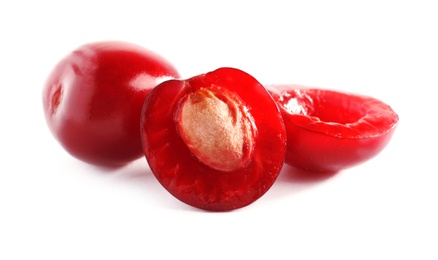 Photo of Delicious ripe sweet cherries on white background