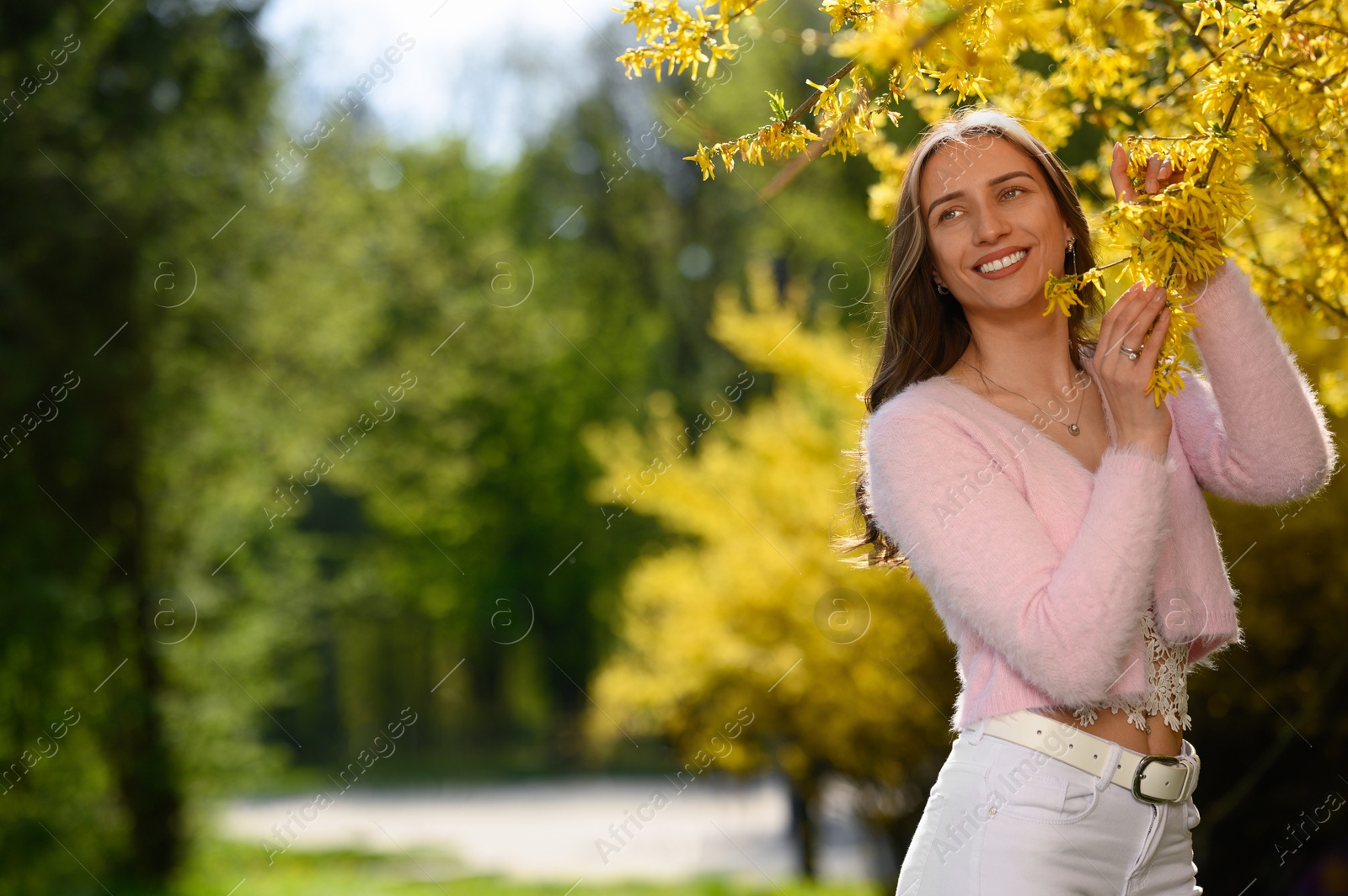 Photo of Beautiful young woman near blossoming shrub on spring day, space for text