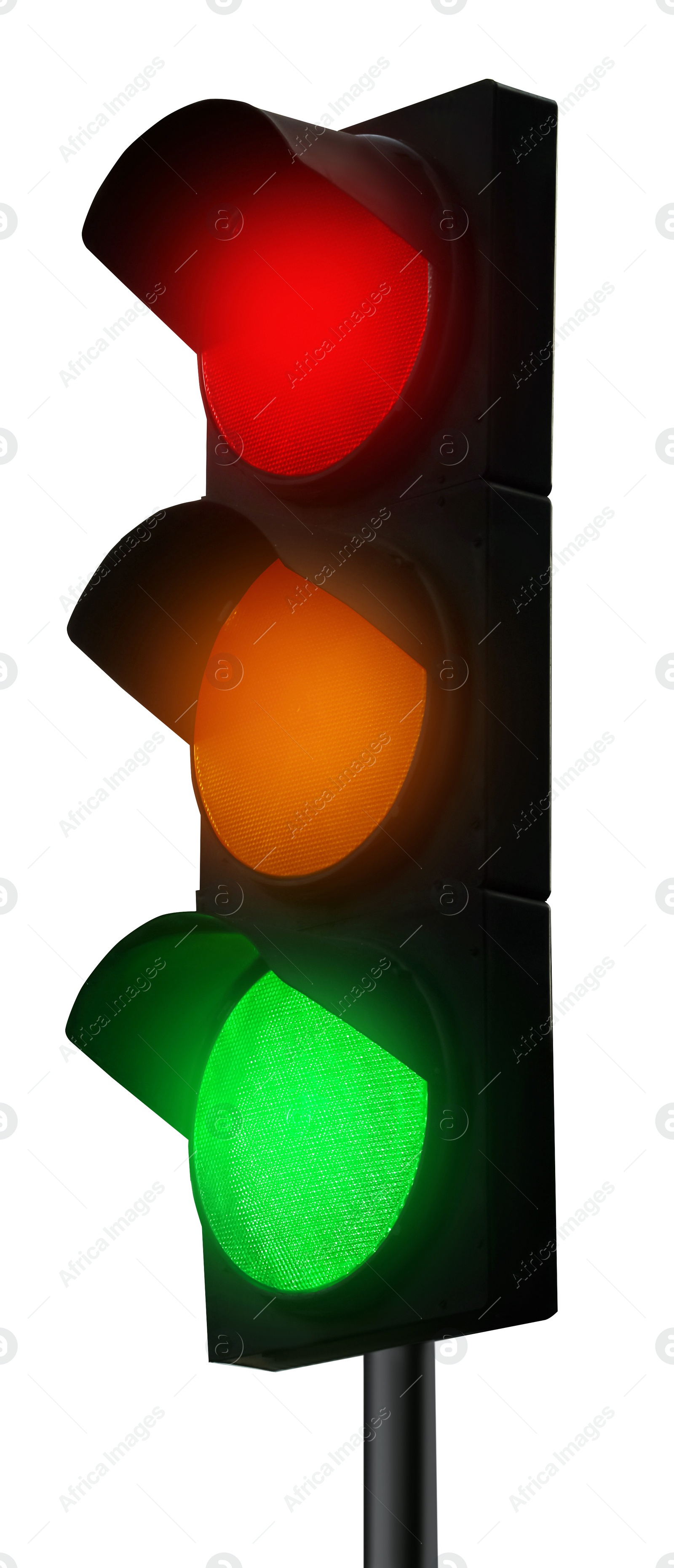 Image of Traffic signal with three lights isolated on white