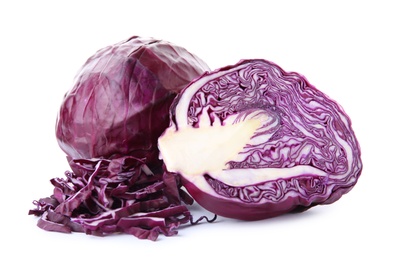 Photo of Whole and sliced red cabbage on white background