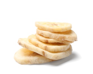 Sweet banana slices on white background. Dried fruit as healthy snack