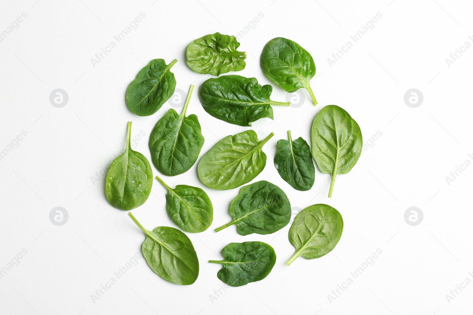 Photo of Fresh leaves of spinach isolated on white, top view