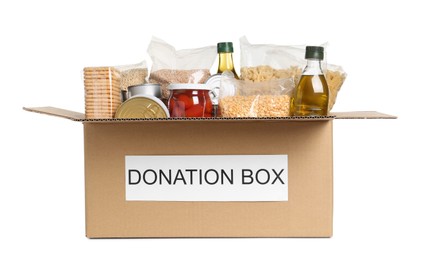 Photo of Donation box with food isolated on white