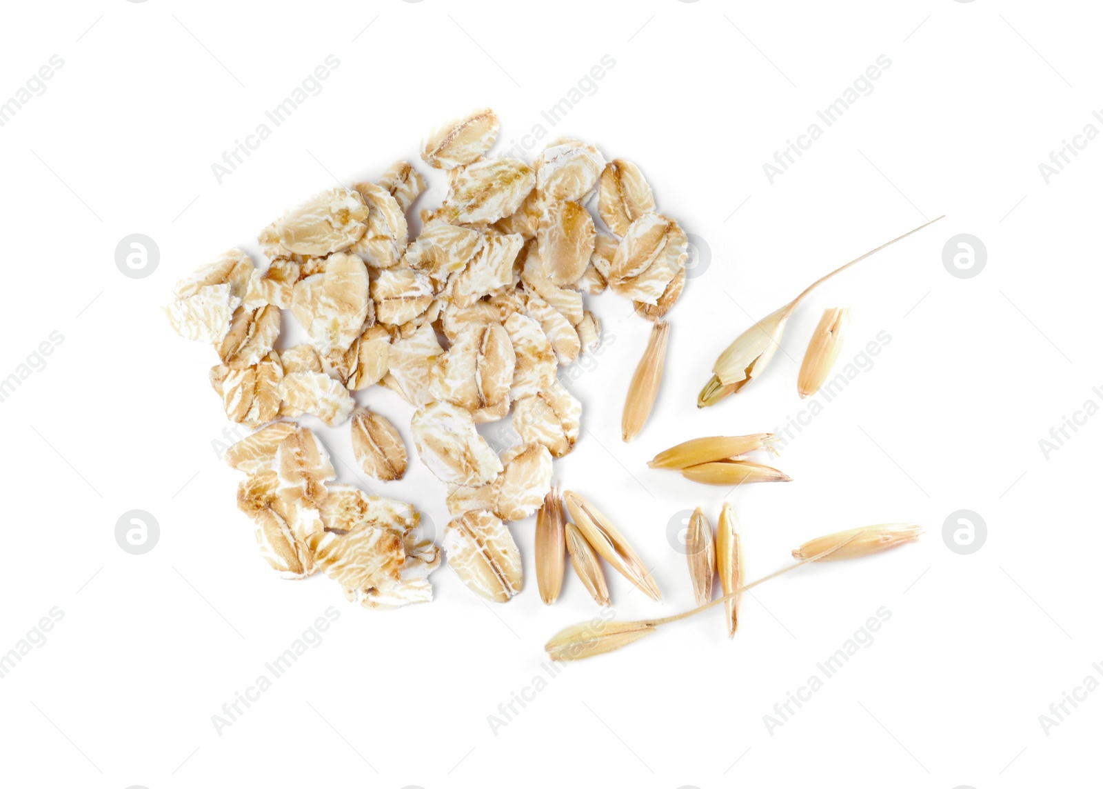 Photo of Raw oatmeal on white background, top view