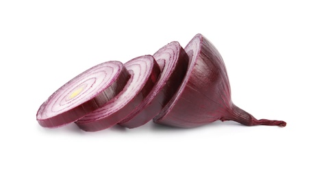 Photo of Fresh cut red onion on white background