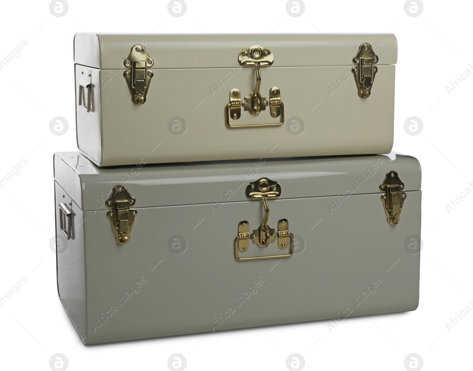 Photo of Stylish storage trunks on white background. Interior elements