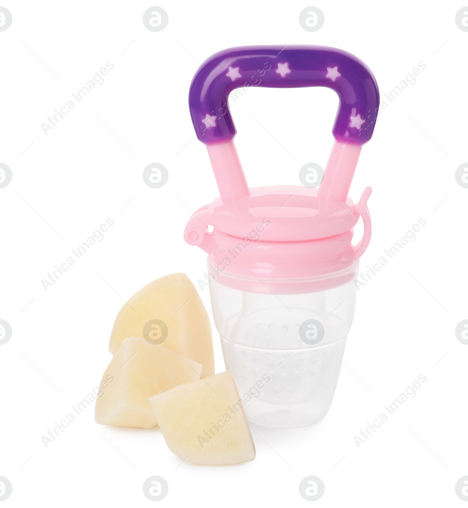 Photo of Empty nibbler and boiled potato on white background. Baby feeder