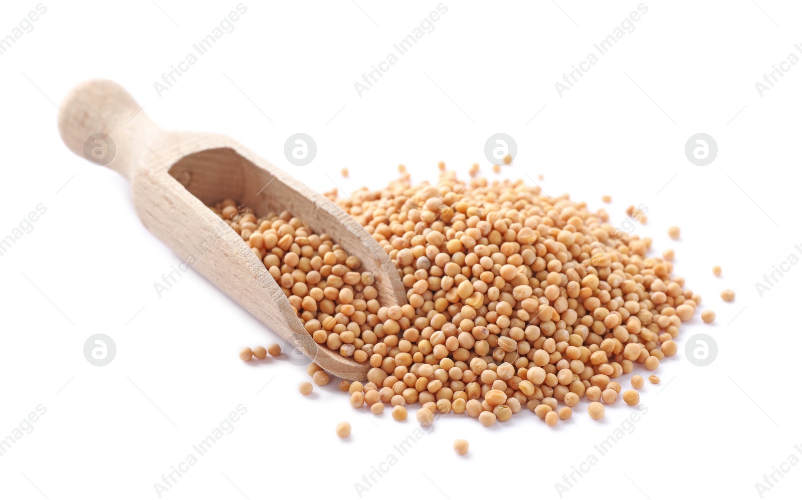 Photo of Mustard seeds with wooden scoop isolated on white