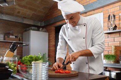 Photo of Professional chef cutting fresh tomatoes in restaurant kitchen