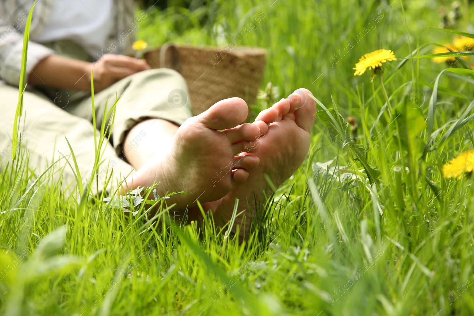 Photo of Woman sitting barefoot on green grass outdoors, closeup