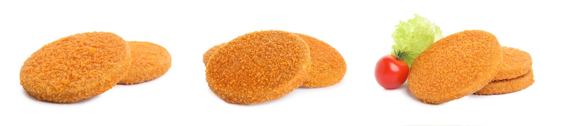 Image of Set with tasty breaded cutlets on white background, banner design 
