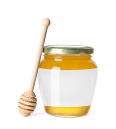 Jar of honey with blank label and wooden honey dipper on white background. Mockup for design