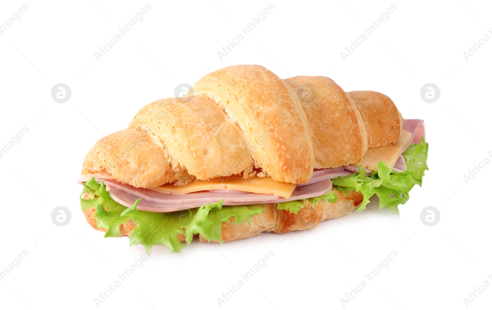 Photo of Tasty croissant sandwich with ham isolated on white