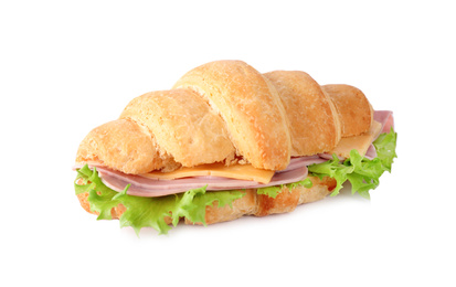 Photo of Tasty croissant sandwich with ham isolated on white