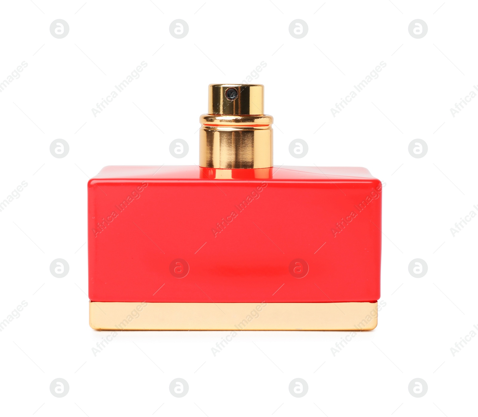 Photo of Red bottle of perfume on white background