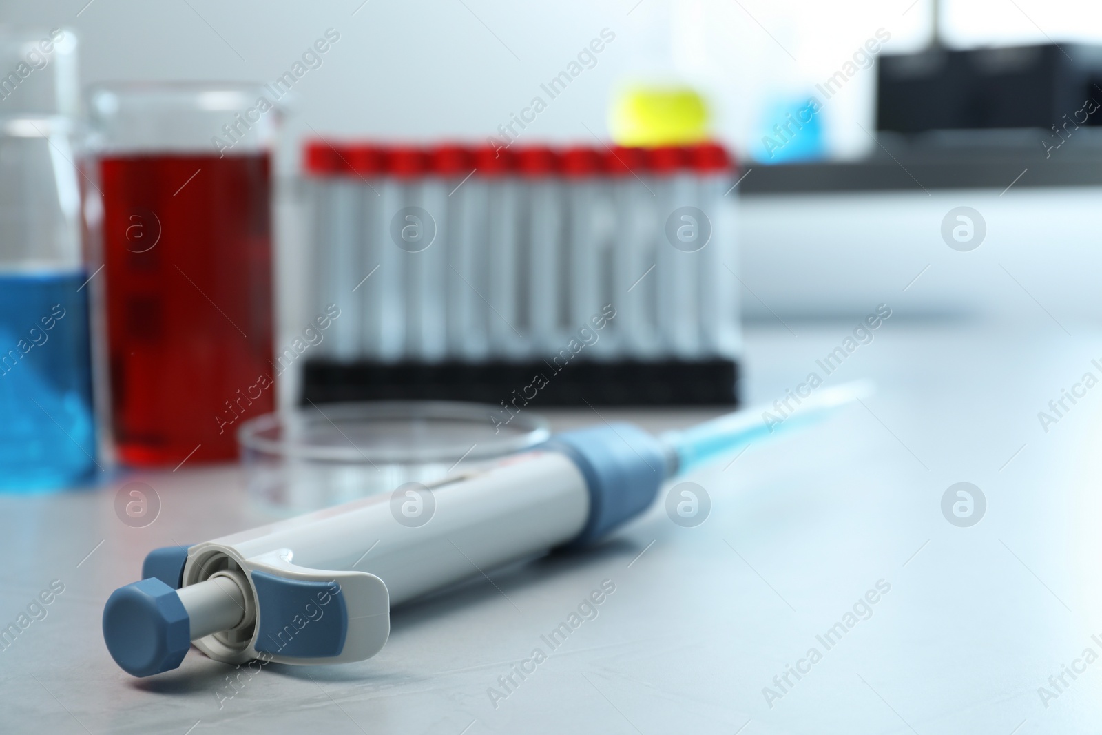 Photo of Laboratory analysis. Micropipette, beakers with liquids, petri dish and test tubes on grey table, closeup. Space for text