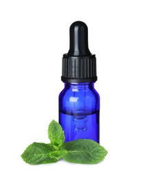 Little bottle of essential oil and mint on white background