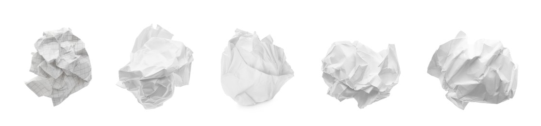 Image of Set with crumpled sheets of paper on white background. Banner design