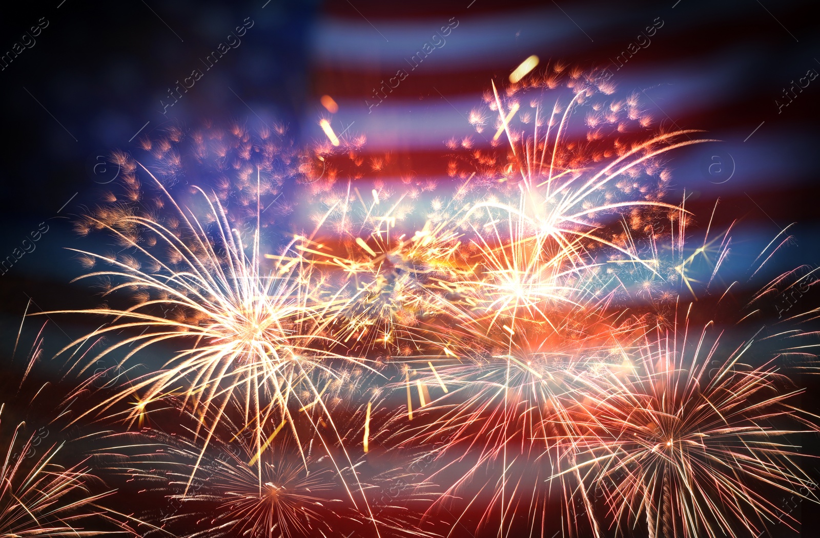 Image of Independence Day of USA. National American flag and fireworks