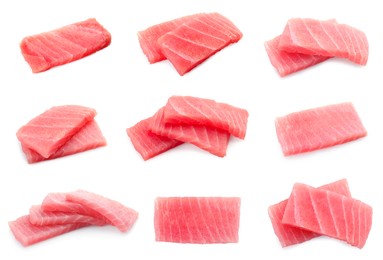 Image of Collage with fresh tuna sashimi isolated on white