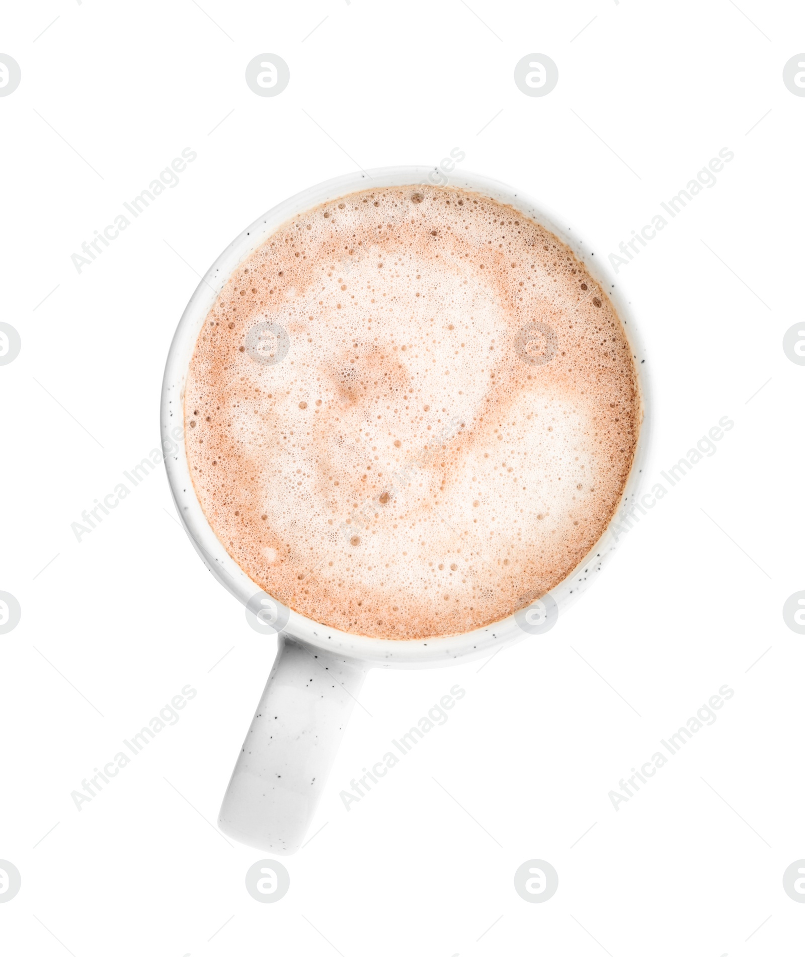 Photo of Delicious cocoa drink in cup on white background, top view