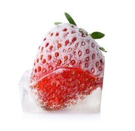 Photo of Fresh strawberry frozen in ice cube on white background