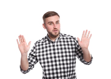 Photo of Man showing STOP gesture using sign language on white background