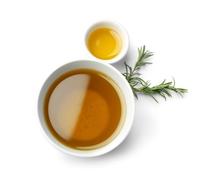 Photo of Composition with rosemary oil on white background, top view