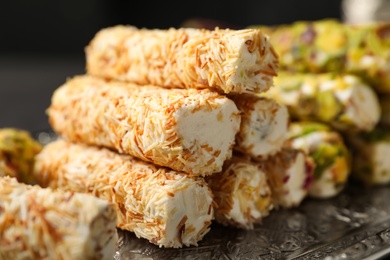 Turkish delight dessert on tray, closeup. Traditional sweet