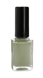 Green nail polish in bottle isolated on white