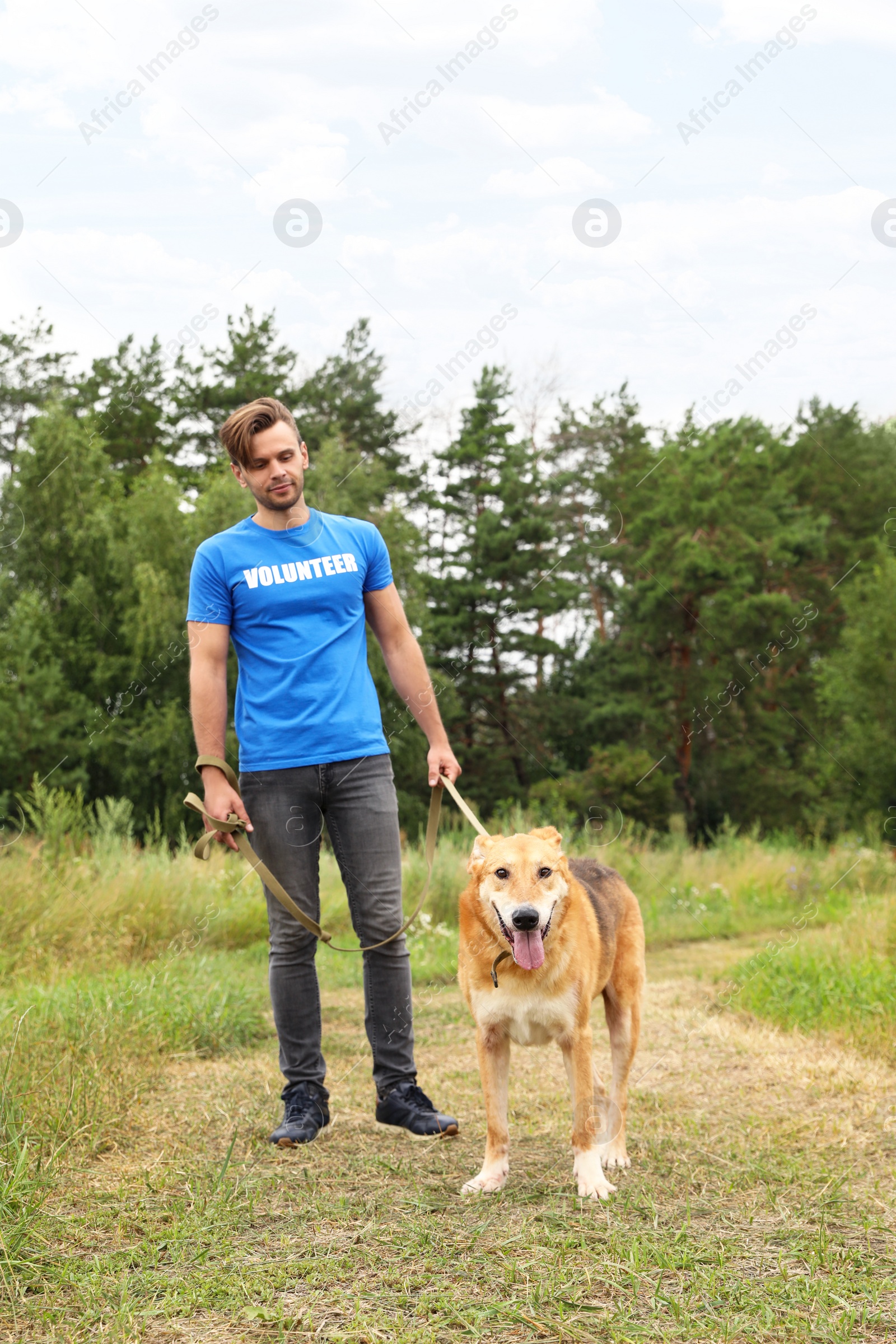 Photo of Male volunteer with homeless dog at animal shelter outdoors