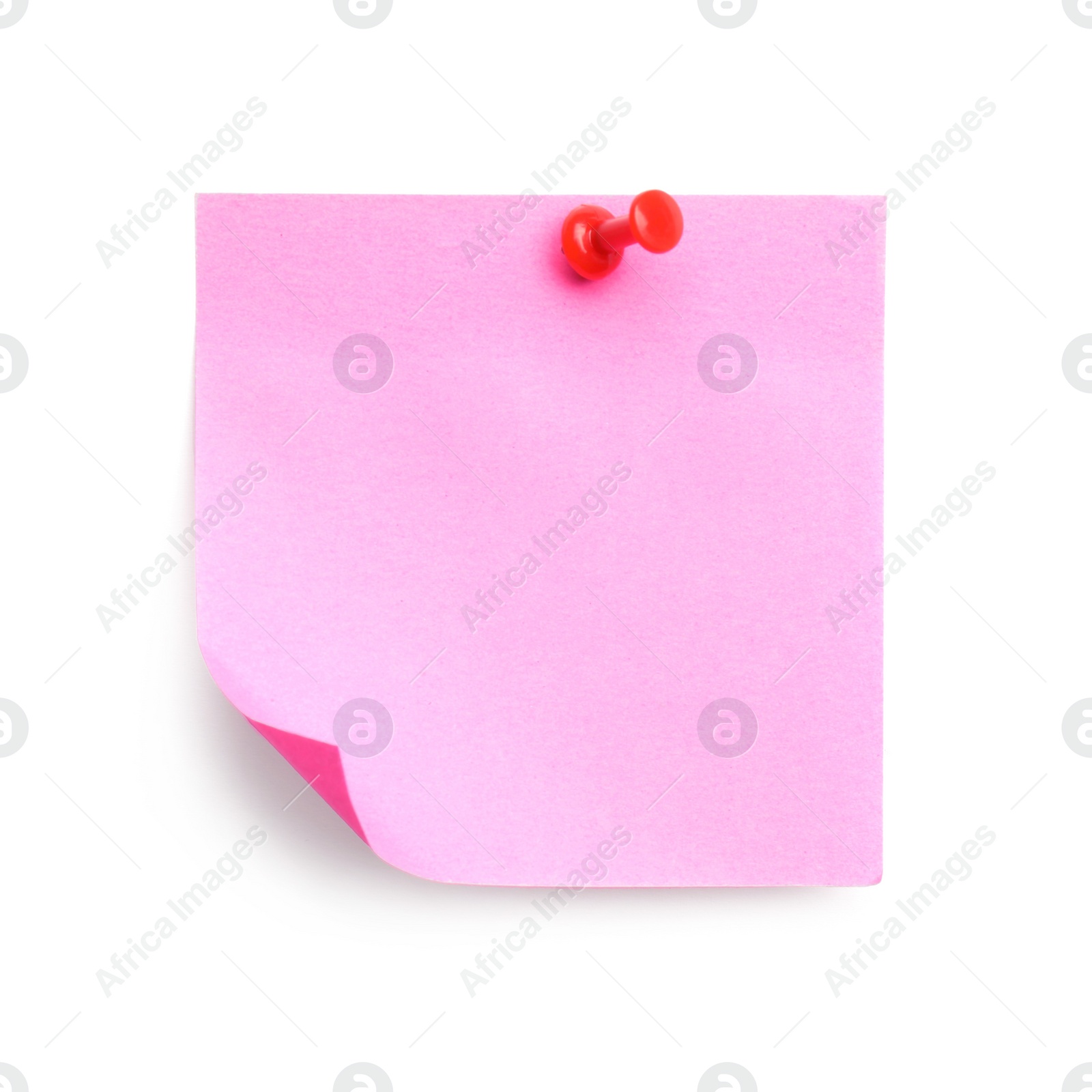 Photo of Blank pink note pinned on white background, top view