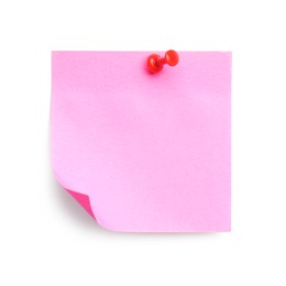 Photo of Blank pink note pinned on white background, top view