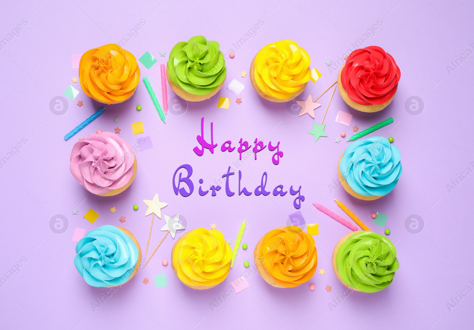 Image of Happy Birthday. Colorful cupcakes on lilac background, flat lay